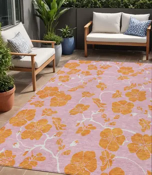 5' X 8' Pink And Copper Floral Washable Indoor Outdoor Area Rug