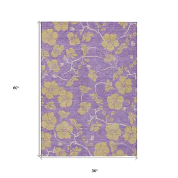 3' X 5' Purple And Gold Floral Washable Indoor Outdoor Area Rug