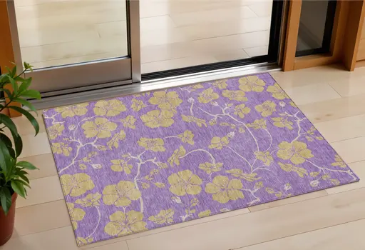 3' X 5' Purple And Gold Floral Washable Indoor Outdoor Area Rug