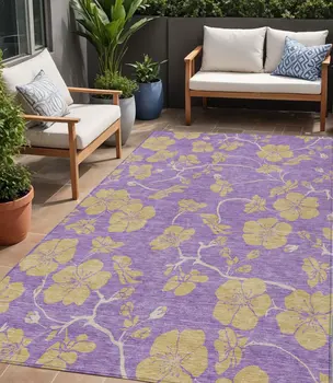 5' X 8' Purple And Gold Floral Washable Indoor Outdoor Area Rug