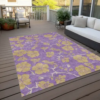 5' X 8' Purple And Gold Floral Washable Indoor Outdoor Area Rug