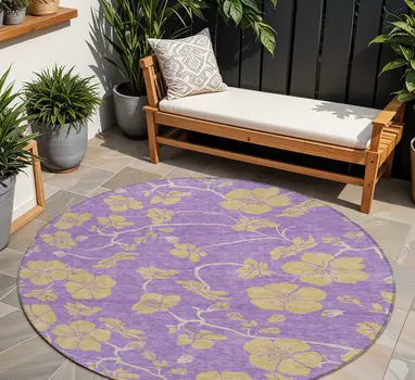 8' Purple And Gold Round Floral Washable Indoor Outdoor Area Rug