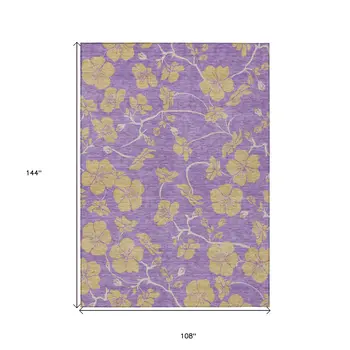 9' X 12' Purple And Gold Floral Washable Indoor Outdoor Area Rug