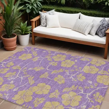 9' X 12' Purple And Gold Floral Washable Indoor Outdoor Area Rug