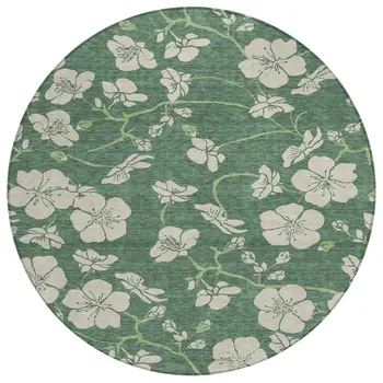8' Sage And Ivory Round Floral Washable Indoor Outdoor Area Rug