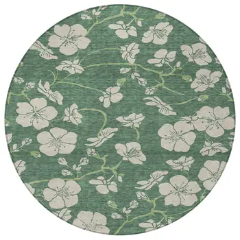 8' Sage And Ivory Round Floral Washable Indoor Outdoor Area Rug