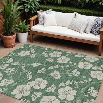 8' X 10' Sage And Ivory Floral Washable Indoor Outdoor Area Rug
