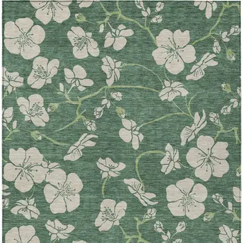 9' X 12' Sage And Ivory Floral Washable Indoor Outdoor Area Rug