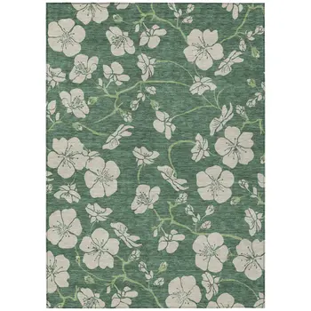 9' X 12' Sage And Ivory Floral Washable Indoor Outdoor Area Rug