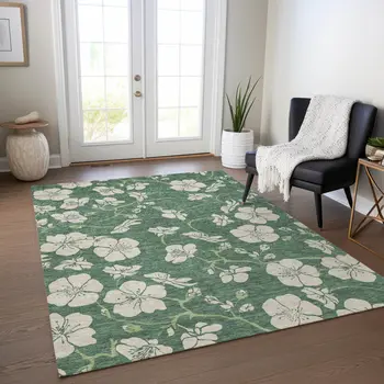 9' X 12' Sage And Ivory Floral Washable Indoor Outdoor Area Rug