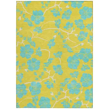 3' X 5' Yellow And Aqua Floral Washable Indoor Outdoor Area Rug