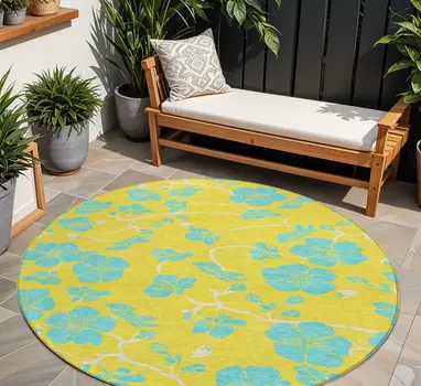 8' Yellow And Aqua Round Floral Washable Indoor Outdoor Area Rug