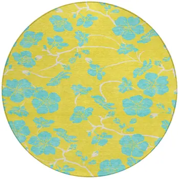 8' Yellow And Aqua Round Floral Washable Indoor Outdoor Area Rug