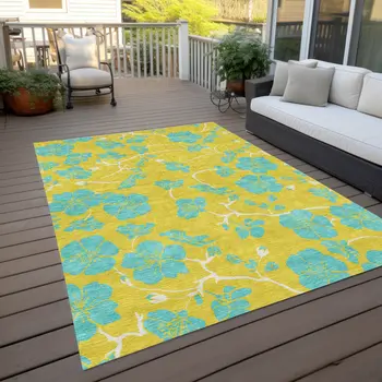 8' X 10' Yellow And Aqua Floral Washable Indoor Outdoor Area Rug