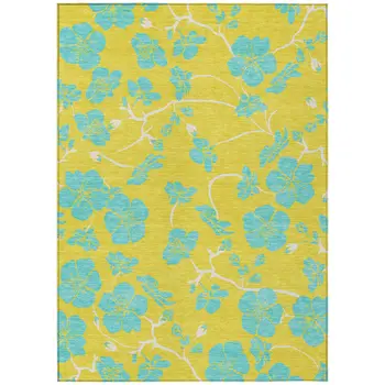 8' X 10' Yellow And Aqua Floral Washable Indoor Outdoor Area Rug