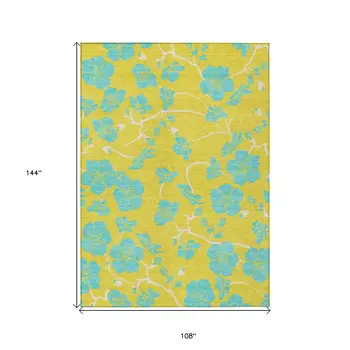 9' X 12' Yellow And Aqua Floral Washable Indoor Outdoor Area Rug