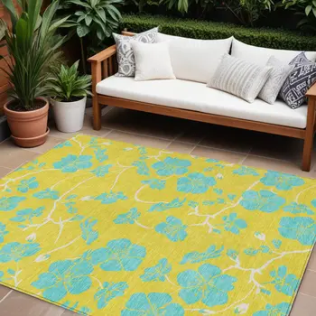 10' X 14' Yellow And Aqua Floral Washable Indoor Outdoor Area Rug
