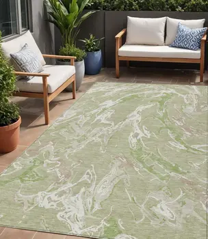 5' X 8' Artichoke Green And Ivory Abstract Washable Indoor Outdoor Area Rug