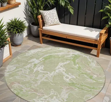 8' Artichoke Green And Ivory Round Abstract Washable Indoor Outdoor Area Rug