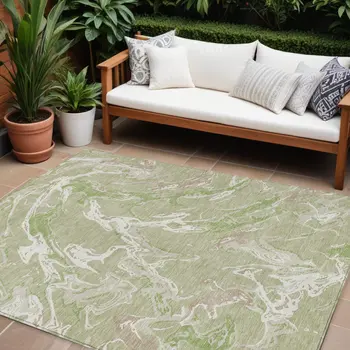 8' X 10' Artichoke Green And Ivory Abstract Washable Indoor Outdoor Area Rug