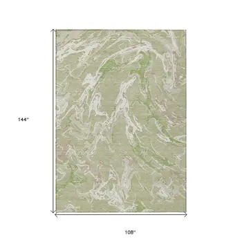 9' X 12' Artichoke Green And Ivory Abstract Washable Indoor Outdoor Area Rug