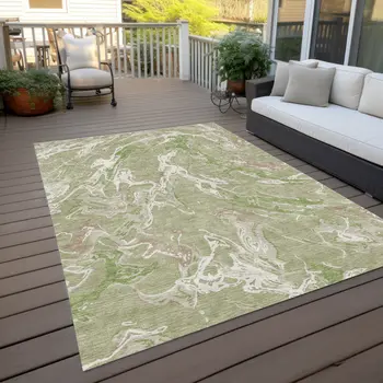 10' X 14' Artichoke Green And Ivory Abstract Washable Indoor Outdoor Area Rug