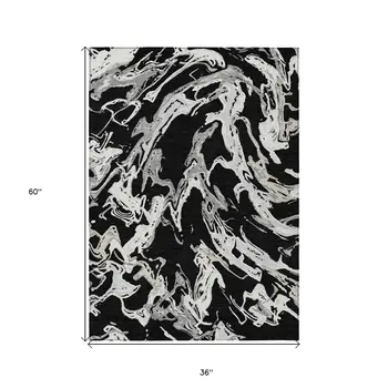 3' X 5' Black And Gray Abstract Washable Indoor Outdoor Area Rug