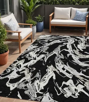 5' X 8' Black And Gray Abstract Washable Indoor Outdoor Area Rug