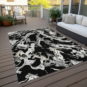 5' X 8' Black And Gray Abstract Washable Indoor Outdoor Area Rug