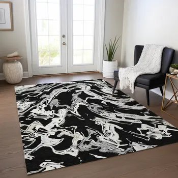 5' X 8' Black And Gray Abstract Washable Indoor Outdoor Area Rug