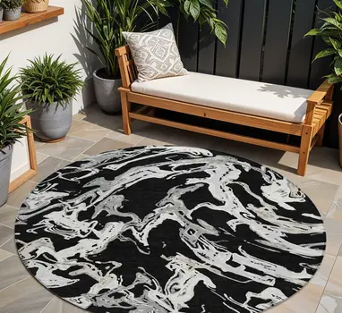8' Black And Gray Round Abstract Washable Indoor Outdoor Area Rug
