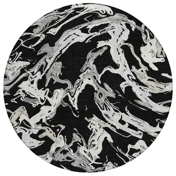 8' Black And Gray Round Abstract Washable Indoor Outdoor Area Rug