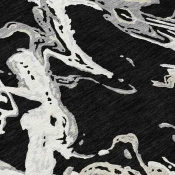 8' Black And Gray Round Abstract Washable Indoor Outdoor Area Rug