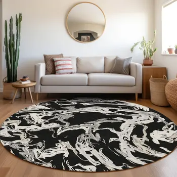 8' Black And Gray Round Abstract Washable Indoor Outdoor Area Rug