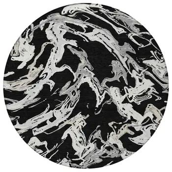 8' Black And Gray Round Abstract Washable Indoor Outdoor Area Rug