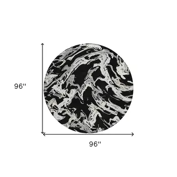 8' Black And Gray Round Abstract Washable Indoor Outdoor Area Rug