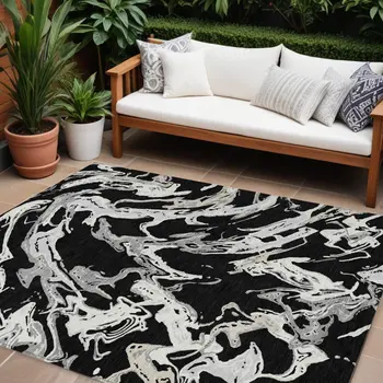 8' X 10' Black And Gray Abstract Washable Indoor Outdoor Area Rug