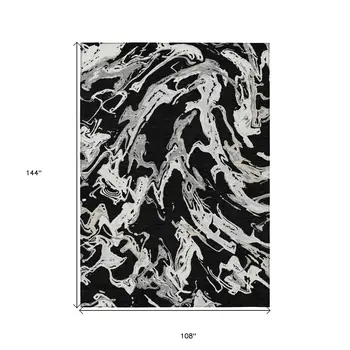 9' X 12' Black And Gray Abstract Washable Indoor Outdoor Area Rug