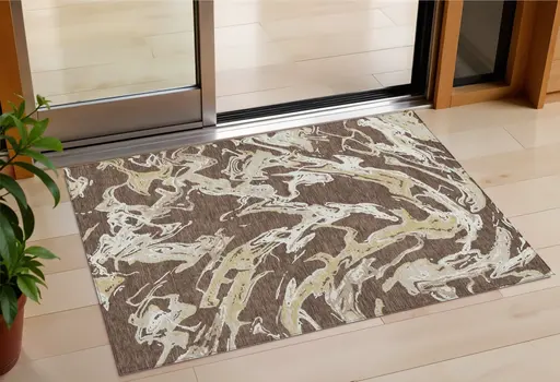 3' X 5' Brown Beige And Ivory Abstract Washable Indoor Outdoor Area Rug