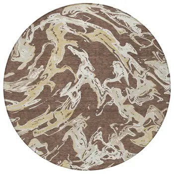 8' Brown Beige And Ivory Round Abstract Washable Indoor Outdoor Area Rug