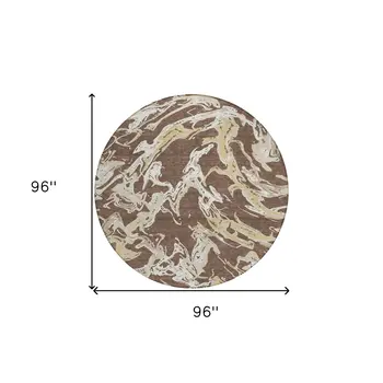 8' Brown Beige And Ivory Round Abstract Washable Indoor Outdoor Area Rug