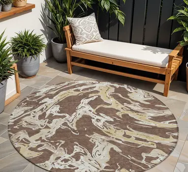 8' Brown Beige And Ivory Round Abstract Washable Indoor Outdoor Area Rug