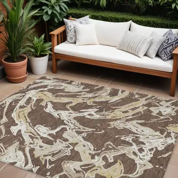 8' X 10' Brown Beige And Ivory Abstract Washable Indoor Outdoor Area Rug