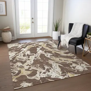8' X 10' Brown Beige And Ivory Abstract Washable Indoor Outdoor Area Rug