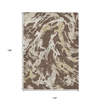 10' X 14' Brown Beige And Ivory Abstract Washable Indoor Outdoor Area Rug