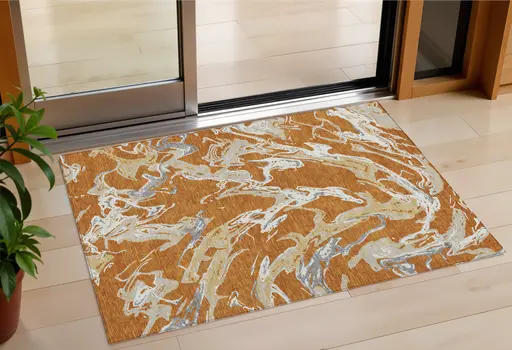 3' X 5' Copper Gray And Ivory Abstract Washable Indoor Outdoor Area Rug