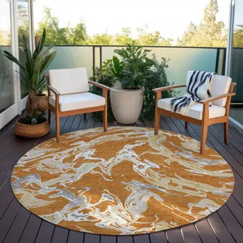 8' Copper Gray And Ivory Round Abstract Washable Indoor Outdoor Area Rug