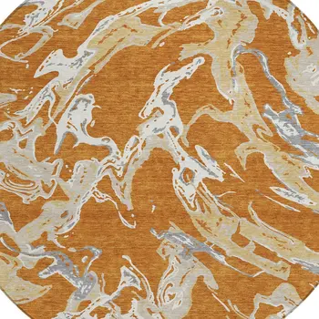 8' Copper Gray And Ivory Round Abstract Washable Indoor Outdoor Area Rug