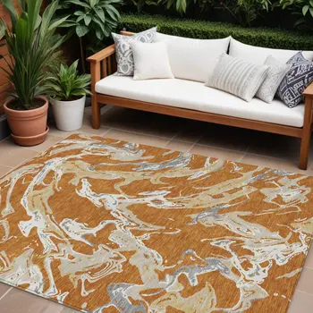 9' X 12' Copper Gray And Ivory Abstract Washable Indoor Outdoor Area Rug