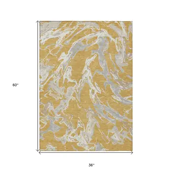 3' X 5' Gold Gray And Ivory Abstract Washable Indoor Outdoor Area Rug